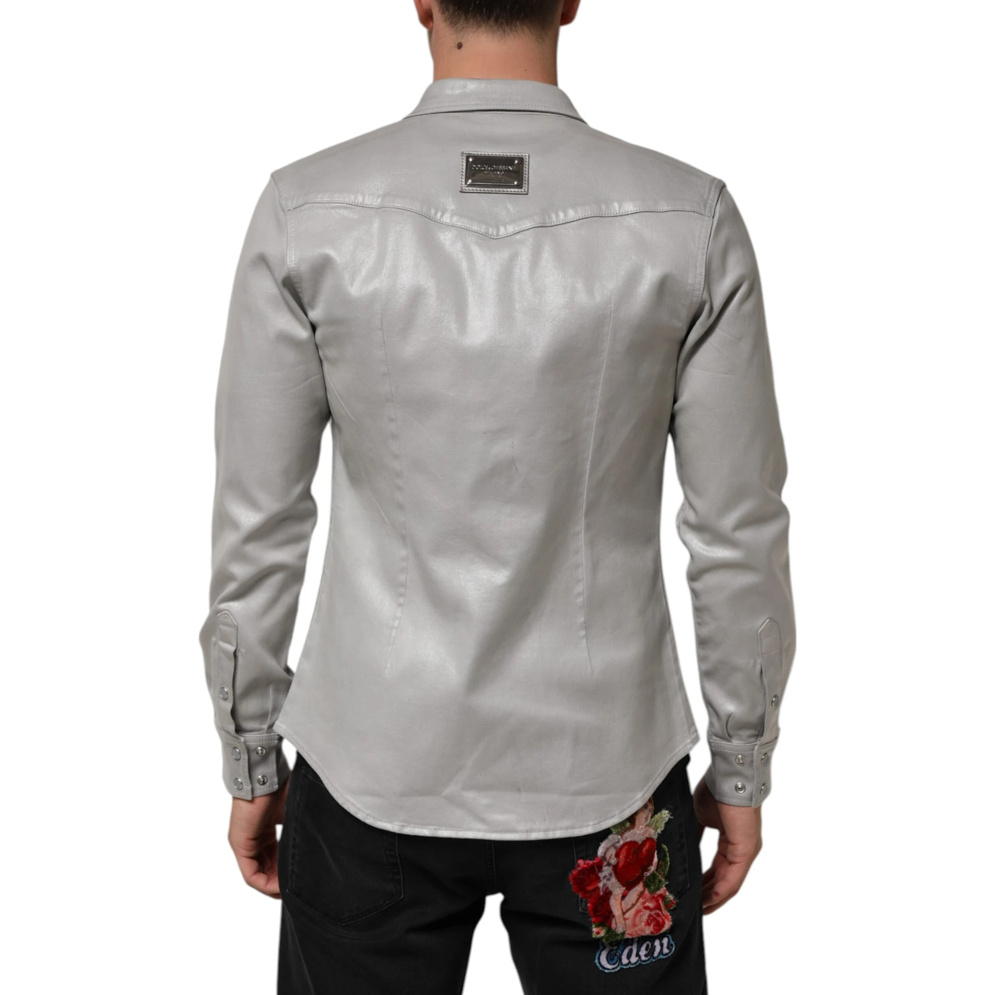 Gray Coated Cotton Snap Button Logo Men Shirt