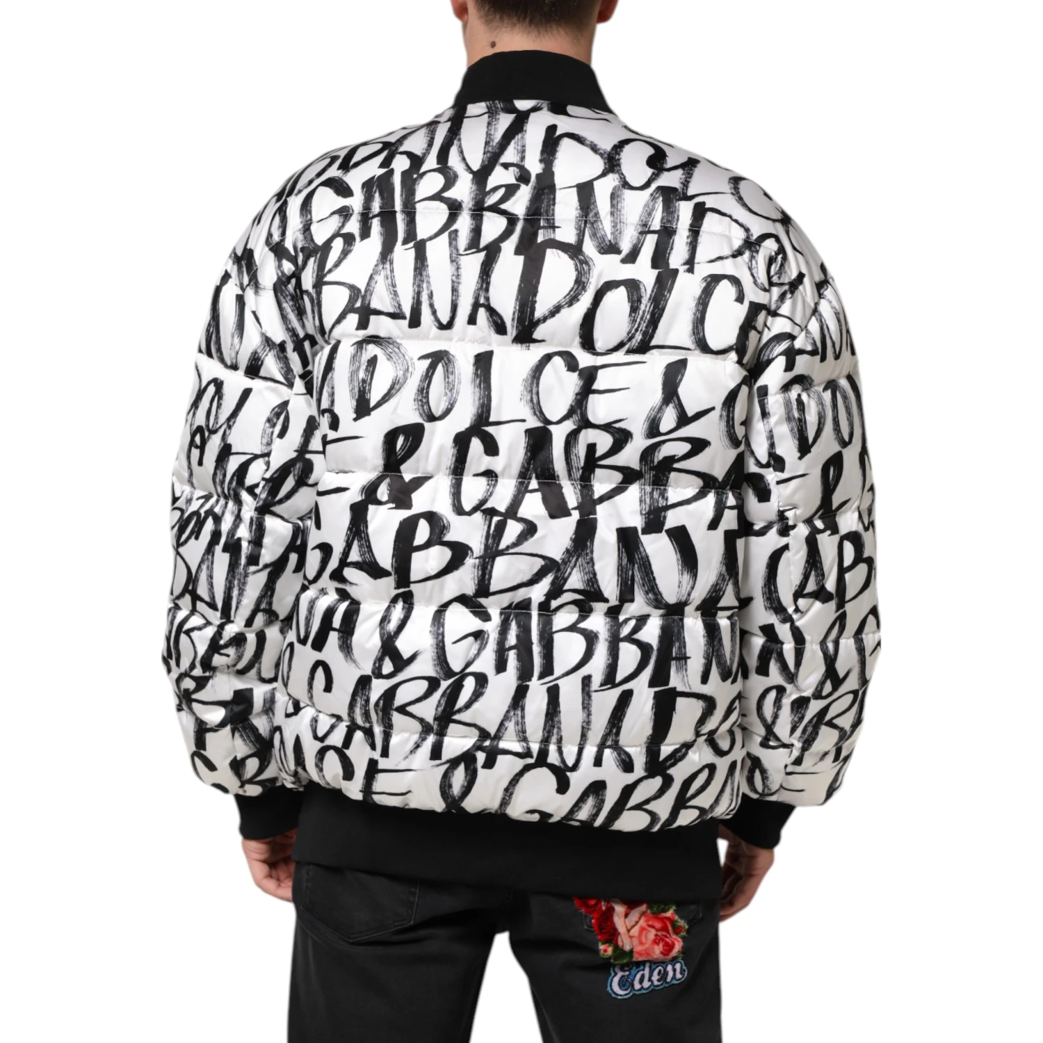 White Black Graffiti Logo Puffer Bomber Jacket