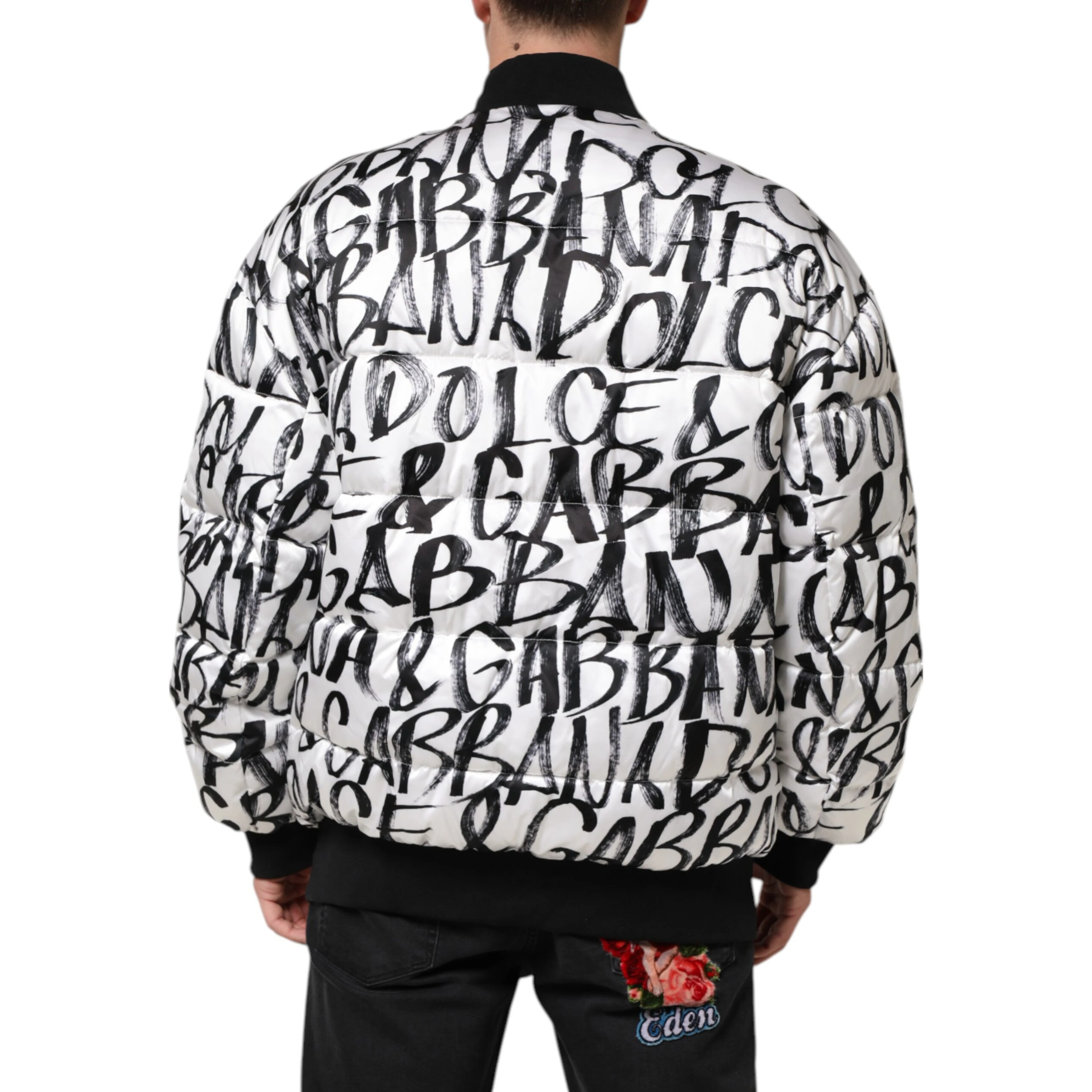 White Black Graffiti Logo Puffer Bomber Jacket