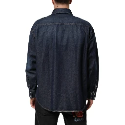 Blue Denim Button Casual Logo Patch Men Shirt