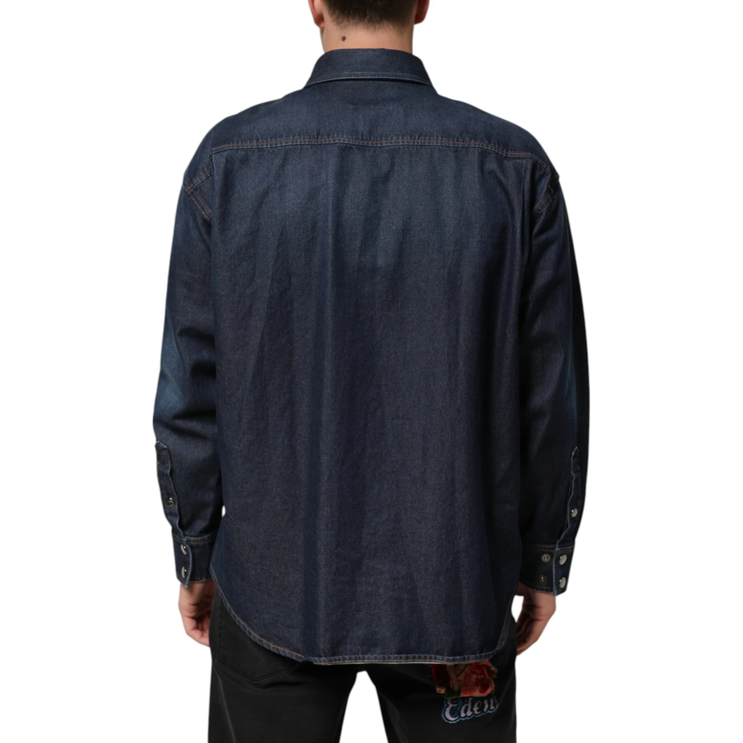 Blue Denim Button Casual Logo Patch Men Shirt