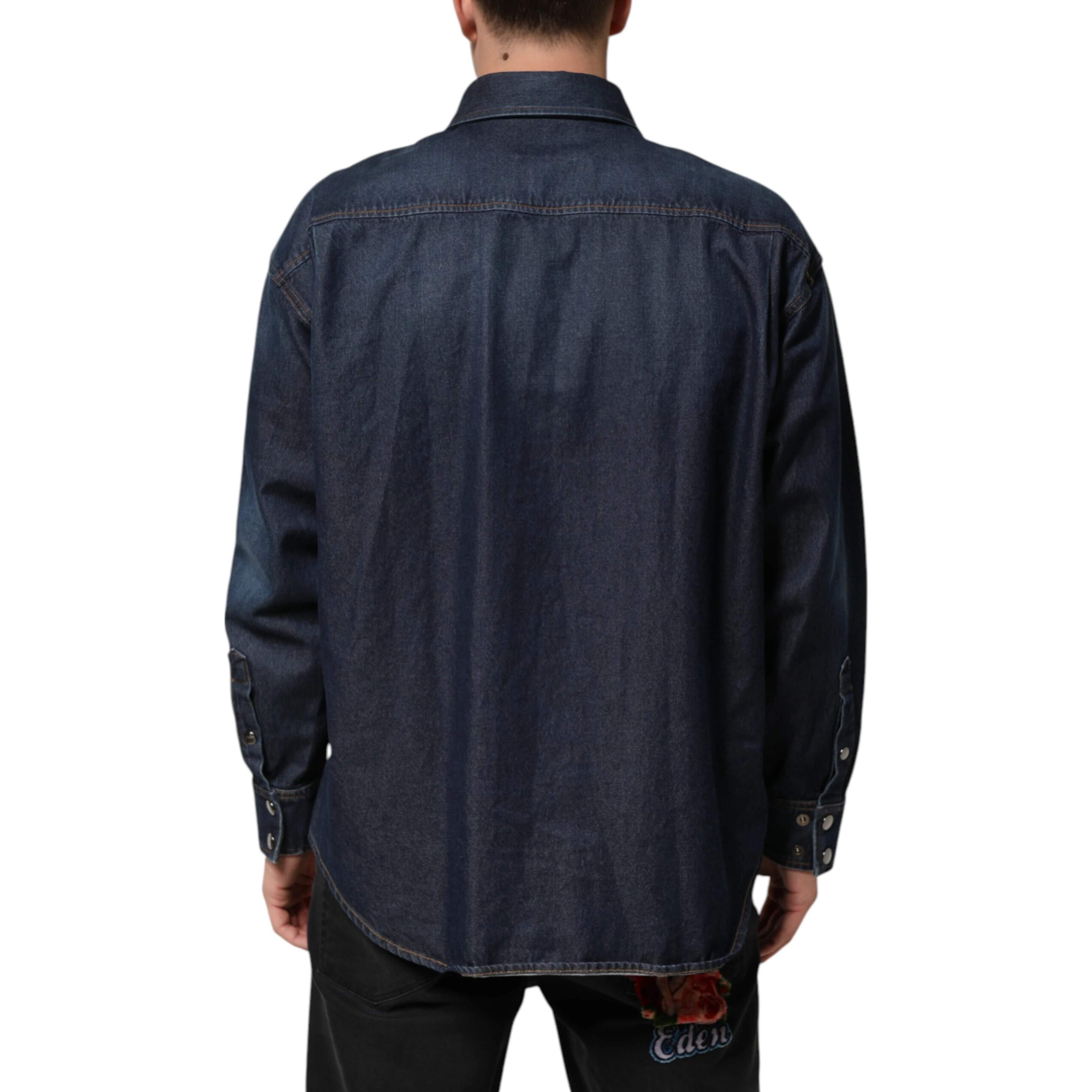 Blue Denim Button Casual Logo Patch Men Shirt