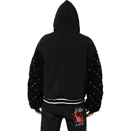 Black Cotton Quilted Studded Sleeve Hoodie Jacket