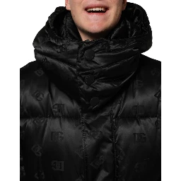 Black Monogram Logo Puffer Nylon Hooded Jacket