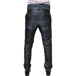 Blue Silver Shiny Silk Skinny Men Trouser Pants