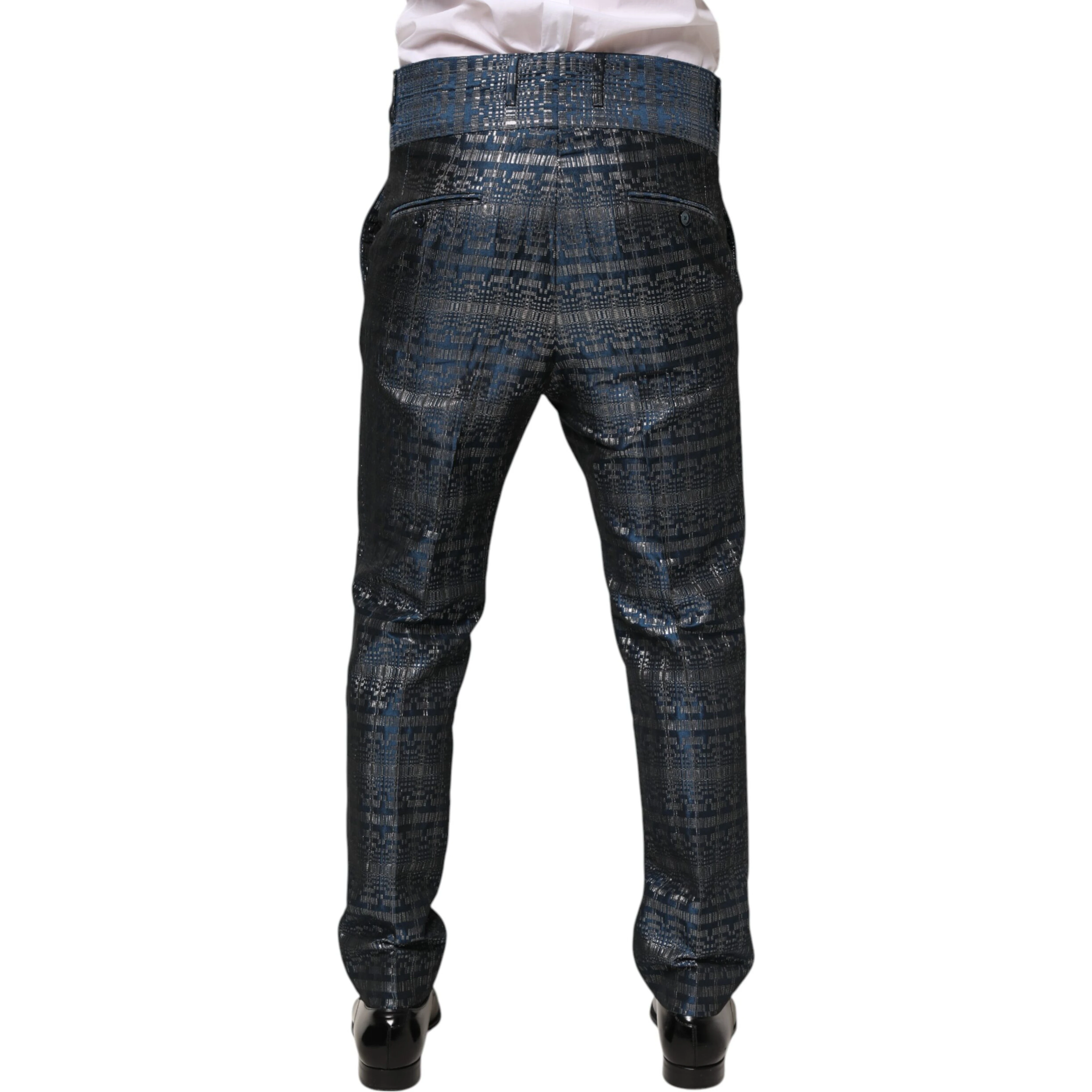 Blue Silver Shiny Silk Skinny Men Trouser Pants