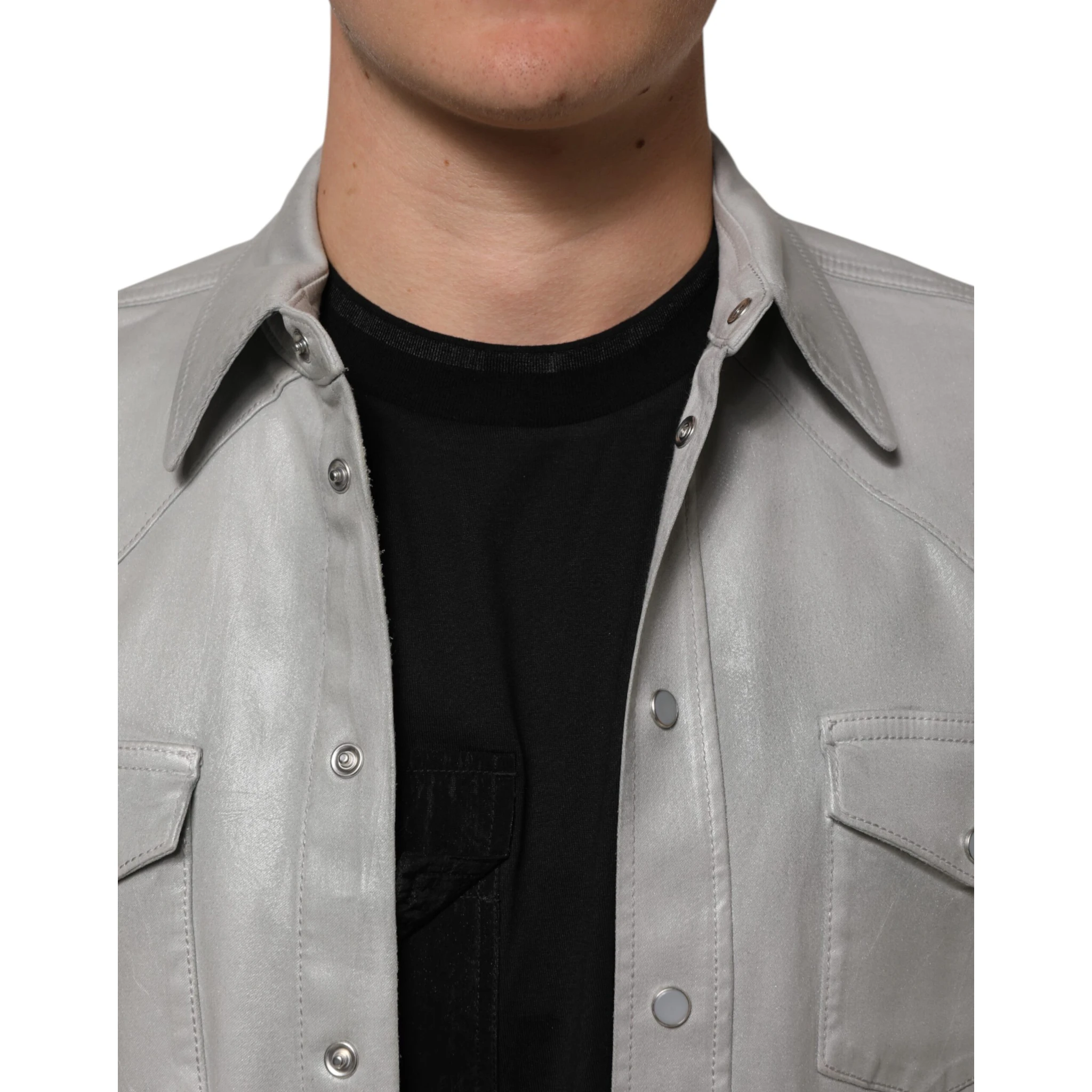 Gray Coated Cotton Snap Button Logo Men Shirt