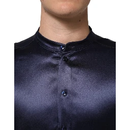 Navy Silk Long Sleeve Mandarin Collar Shirt