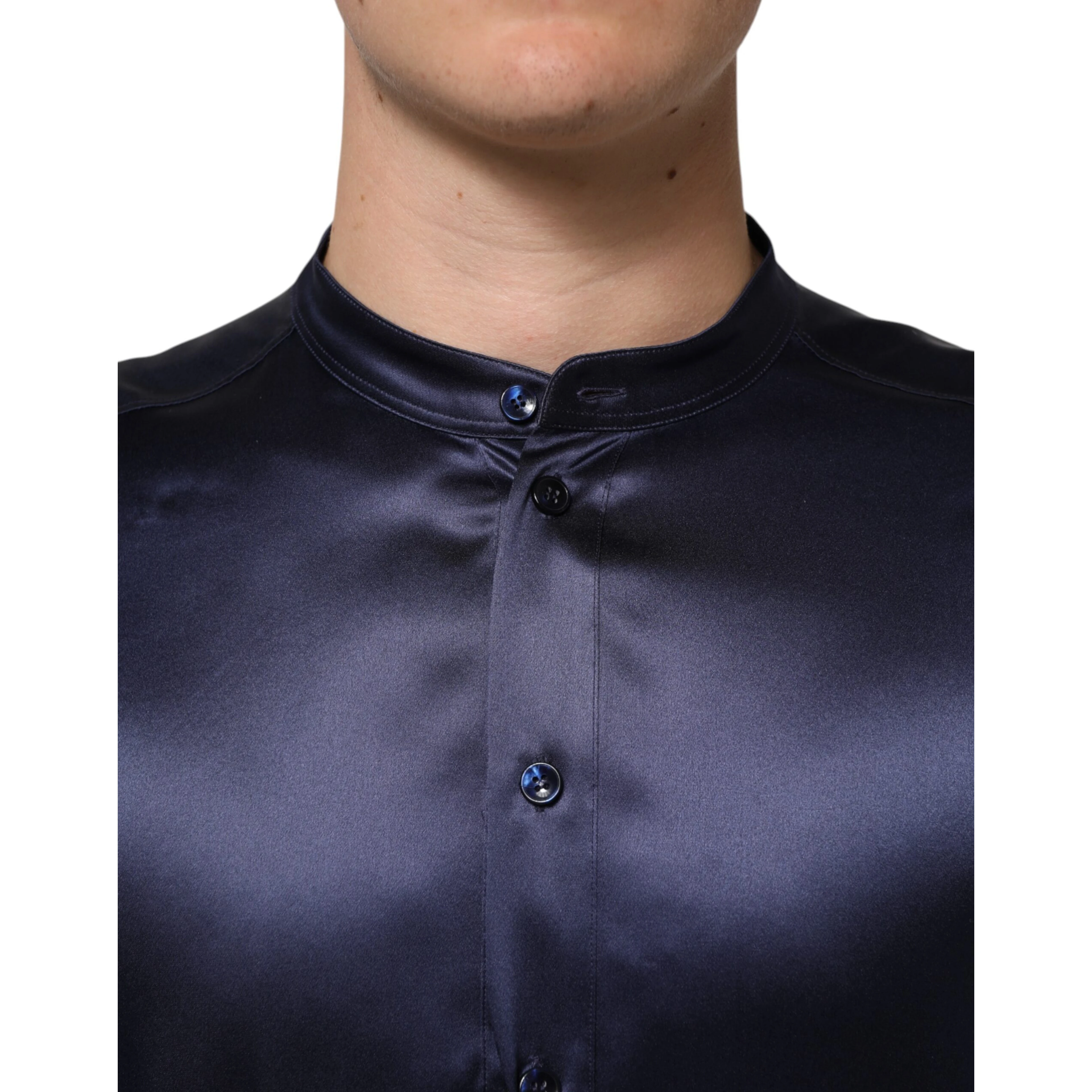 Navy Silk Long Sleeve Mandarin Collar Shirt