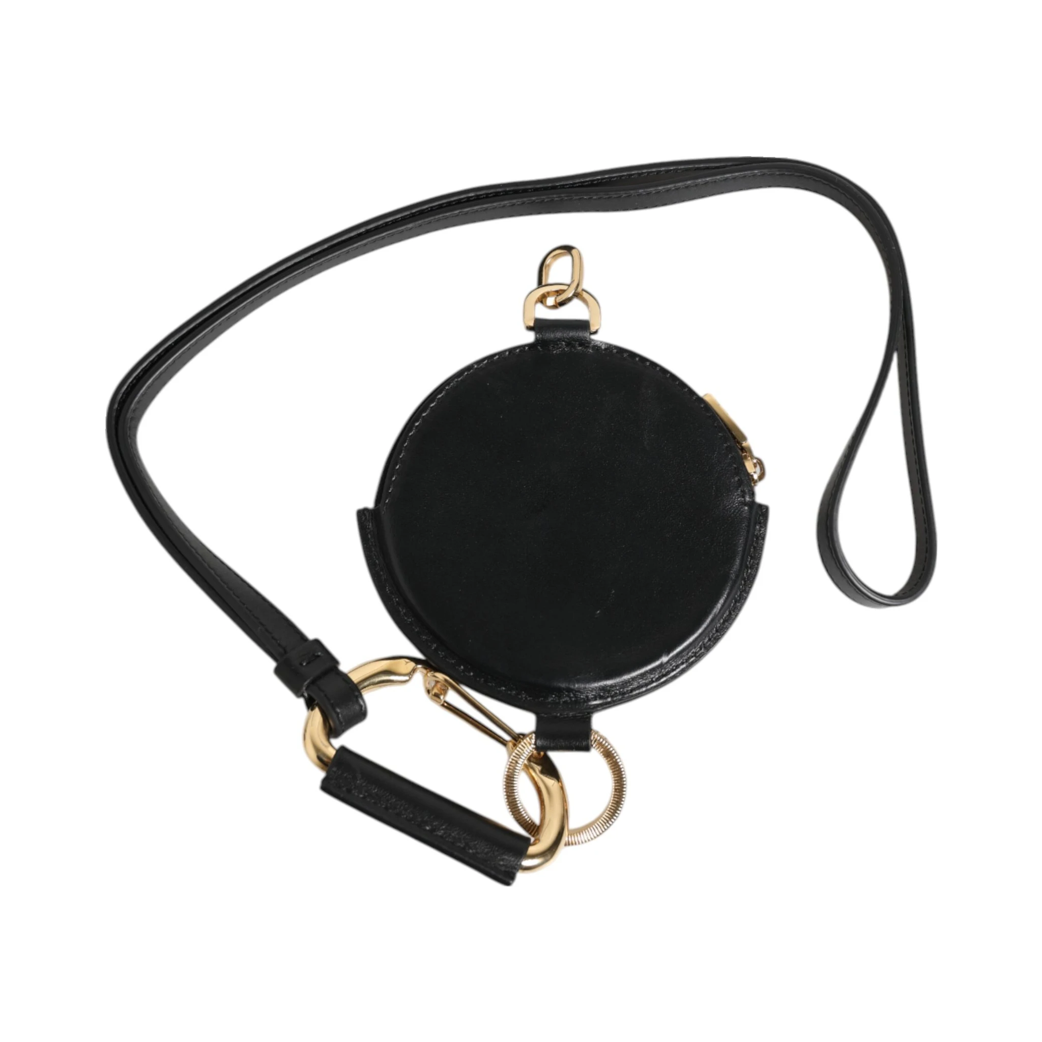 Black Round Leather DG Logo Coin Purse Lanyard Wallet