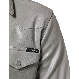 Gray Coated Cotton Snap Button Logo Men Shirt