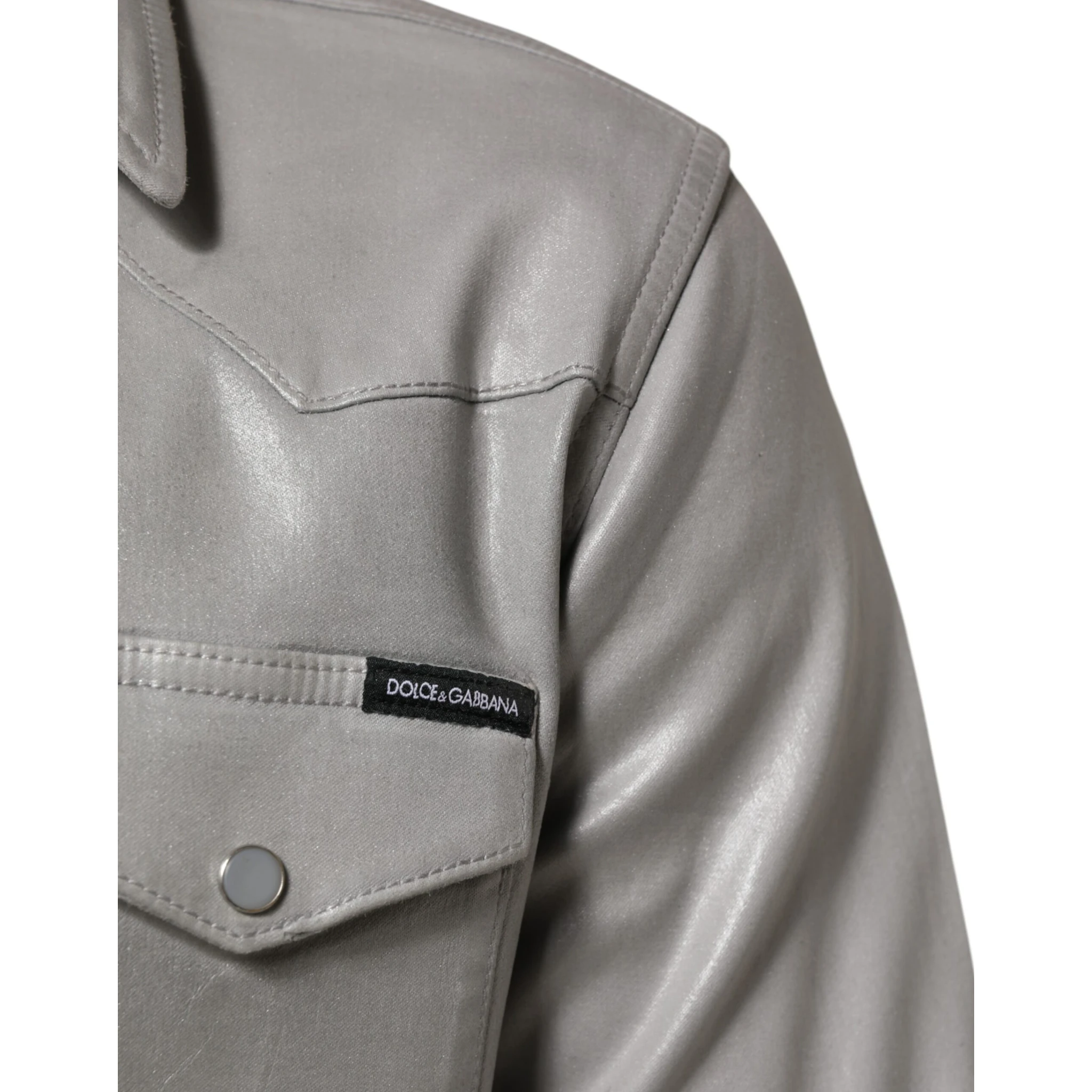 Gray Coated Cotton Snap Button Logo Men Shirt
