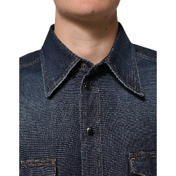 Blue Denim Button Casual Logo Patch Men Shirt