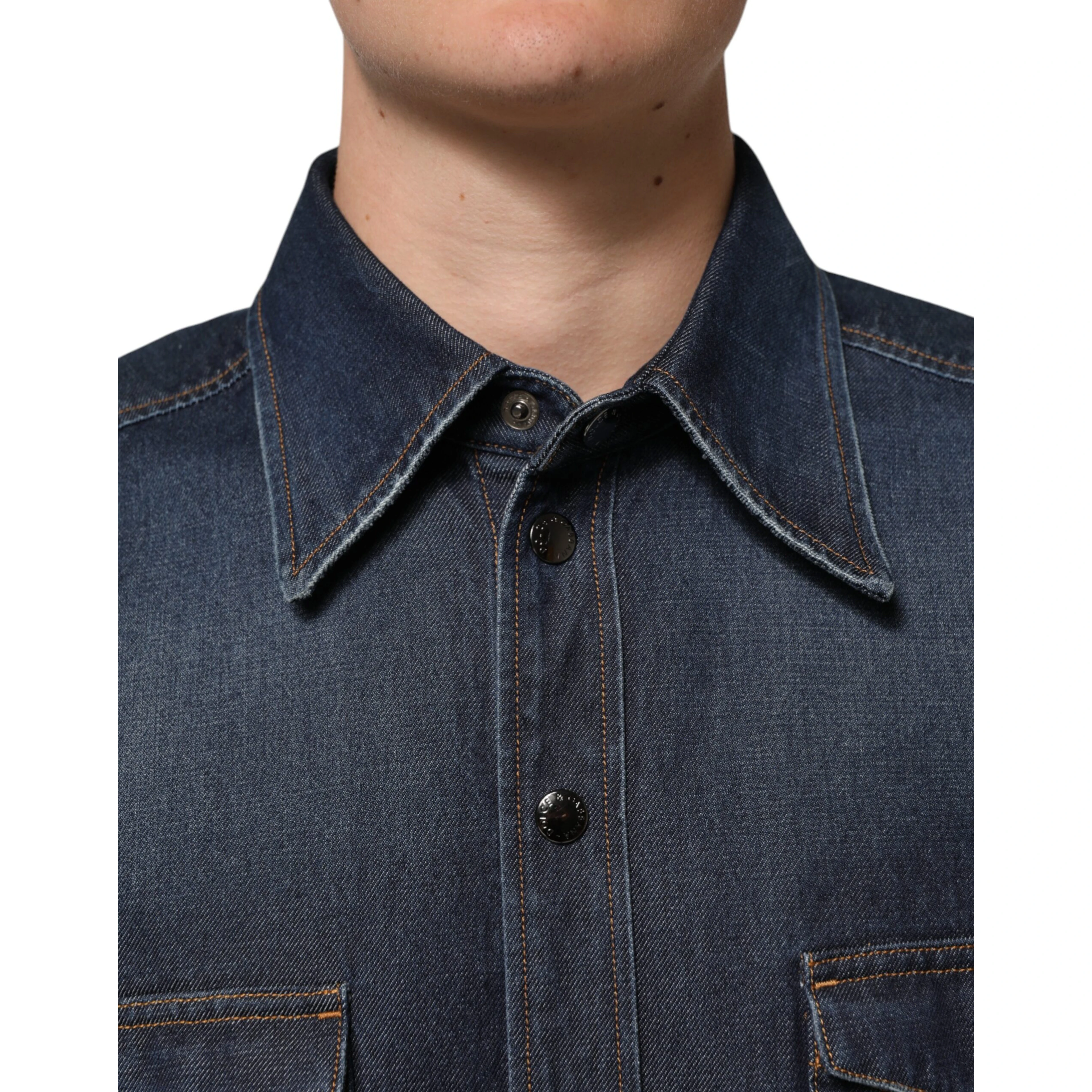 Blue Denim Button Casual Logo Patch Men Shirt