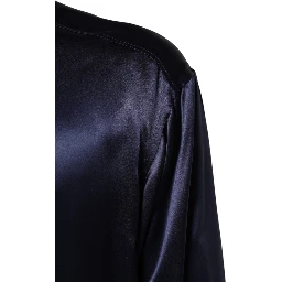 Navy Silk Long Sleeve Mandarin Collar Shirt