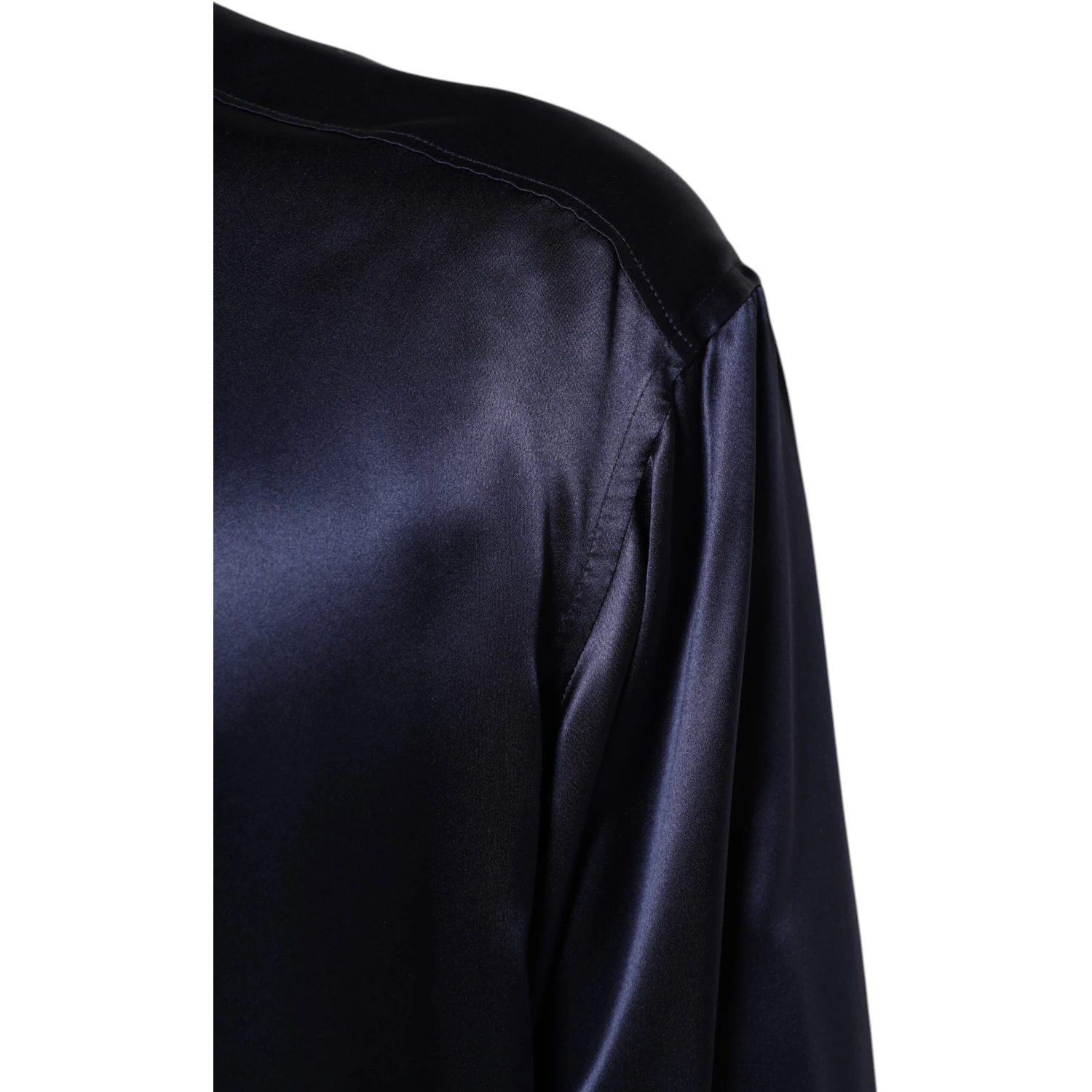 Navy Silk Long Sleeve Mandarin Collar Shirt