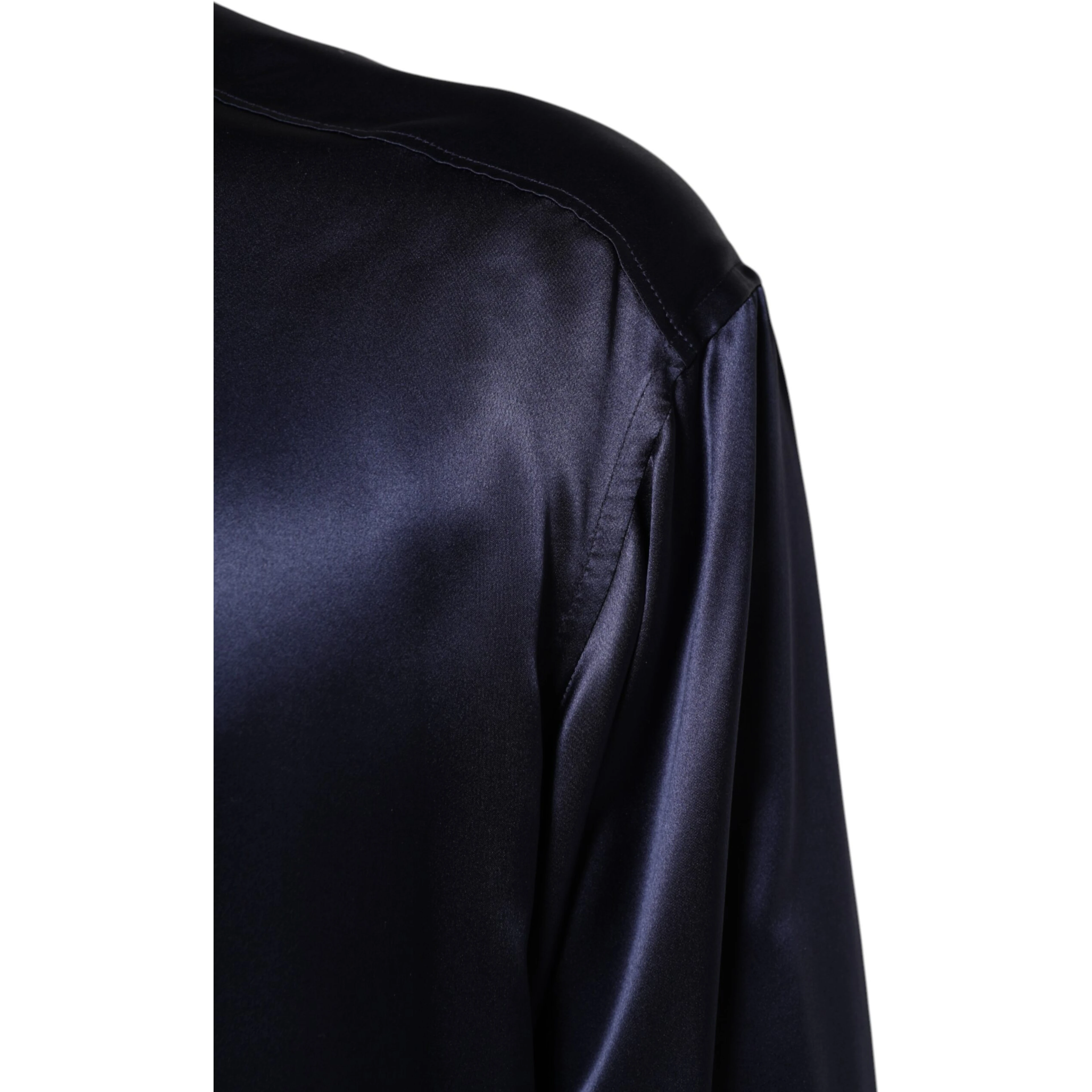 Navy Silk Long Sleeve Mandarin Collar Shirt