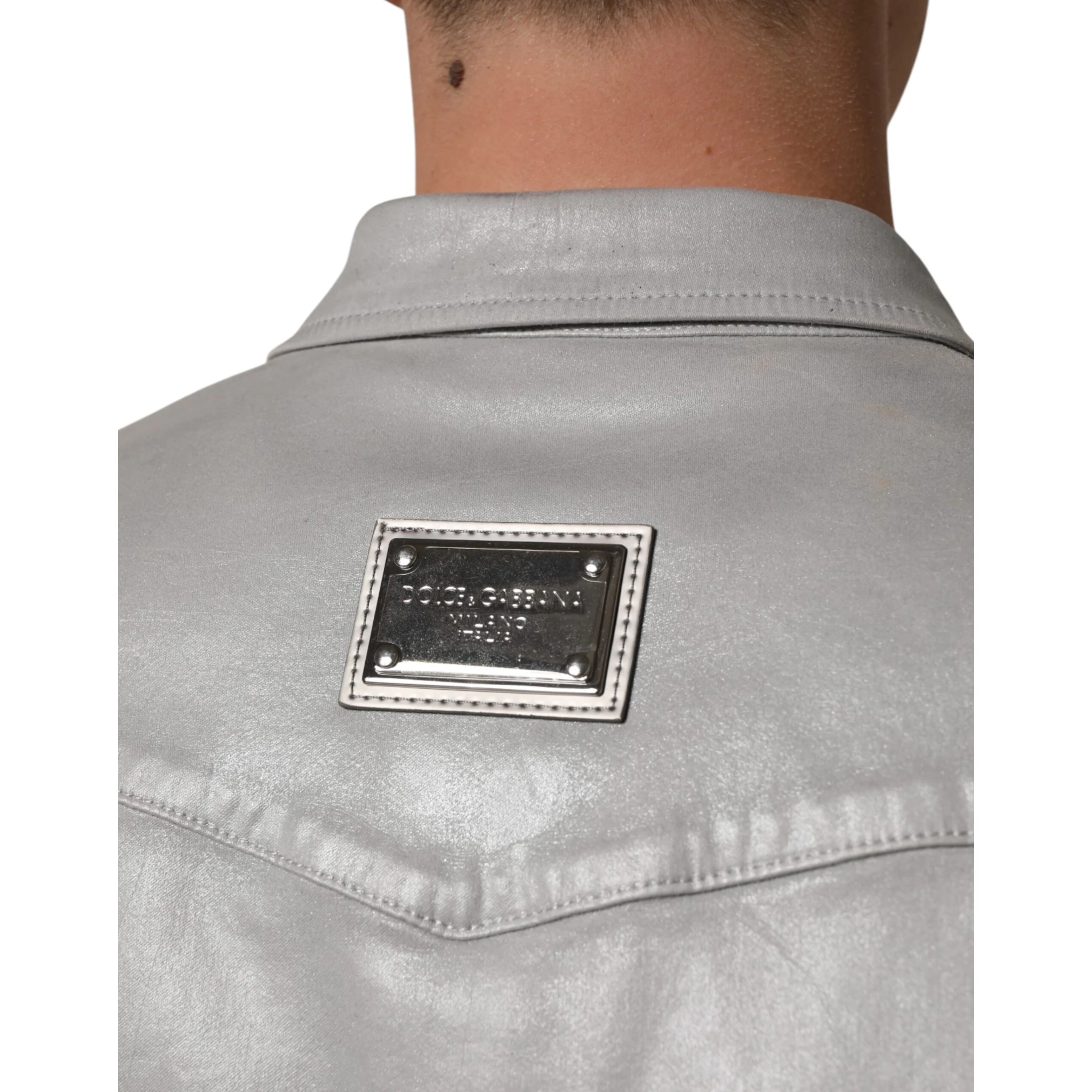 Gray Coated Cotton Snap Button Logo Men Shirt