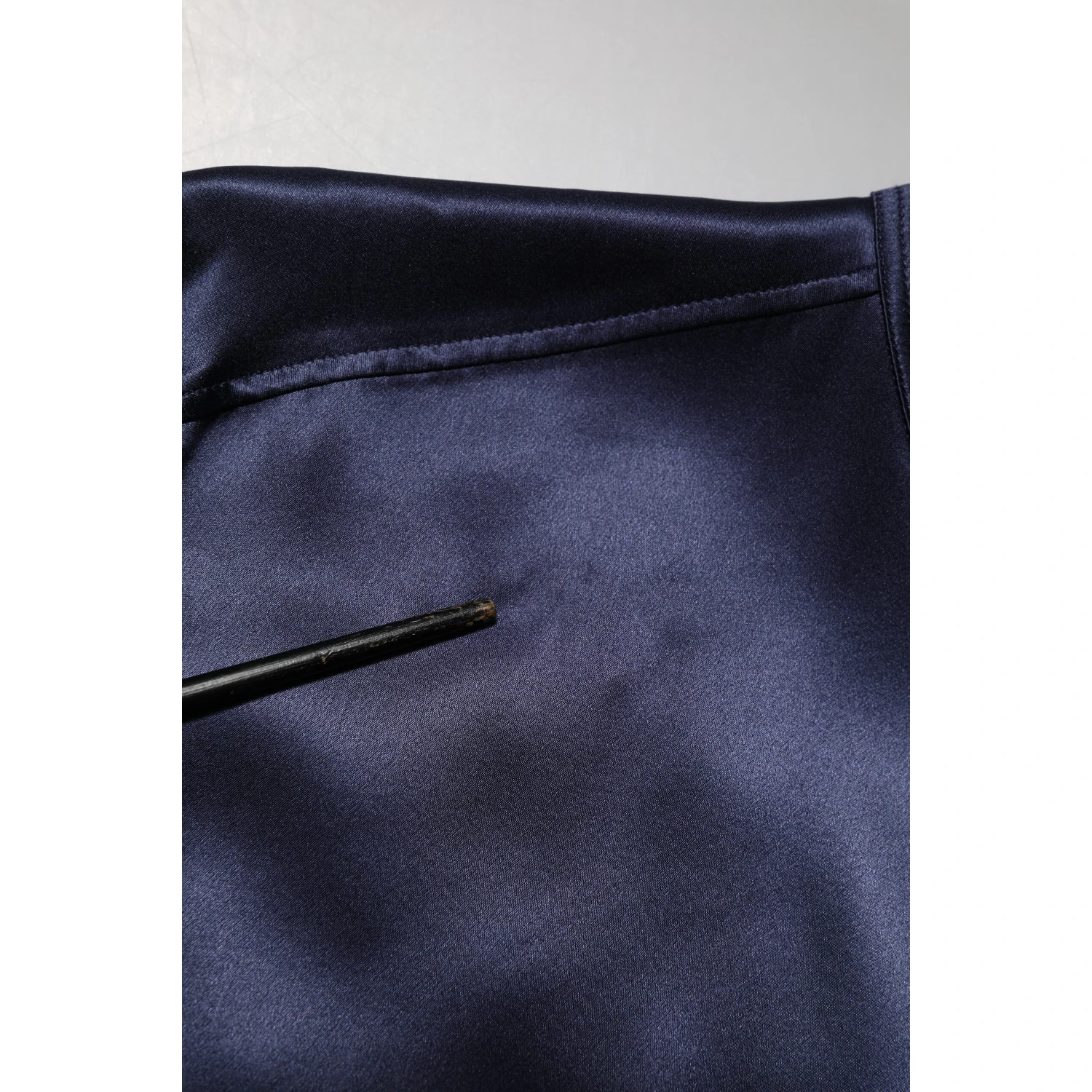 Navy Silk Long Sleeve Mandarin Collar Shirt