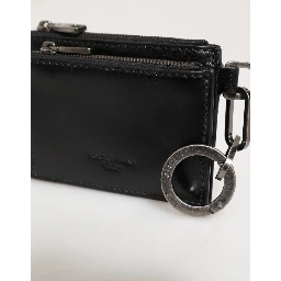 Black Leather Zipped Card Holder Coin Purse Keyring Wallet