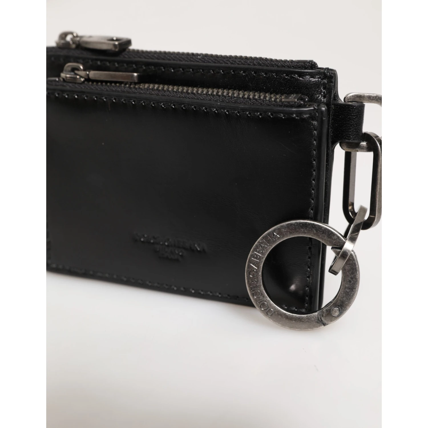 Black Leather Zipped Card Holder Coin Purse Keyring Wallet