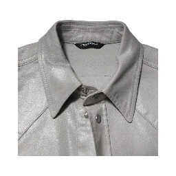 Gray Coated Cotton Snap Button Logo Men Shirt