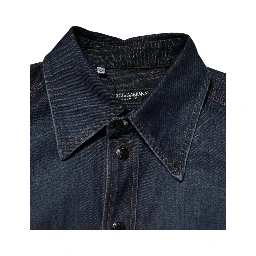 Blue Denim Button Casual Logo Patch Men Shirt