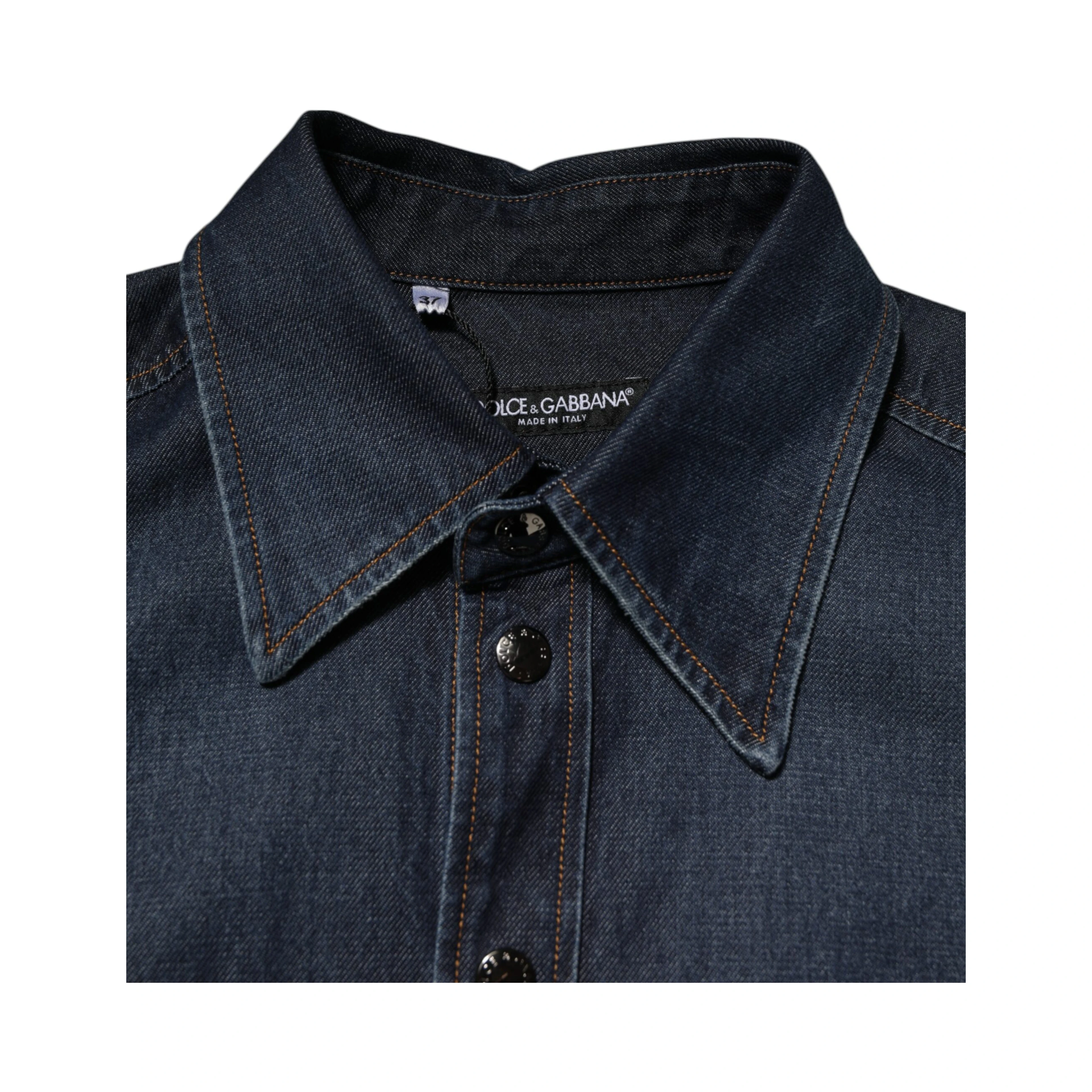 Blue Denim Button Casual Logo Patch Men Shirt