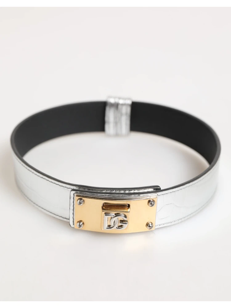 Silver Textured Leather Gold Tone Metal Neckband
