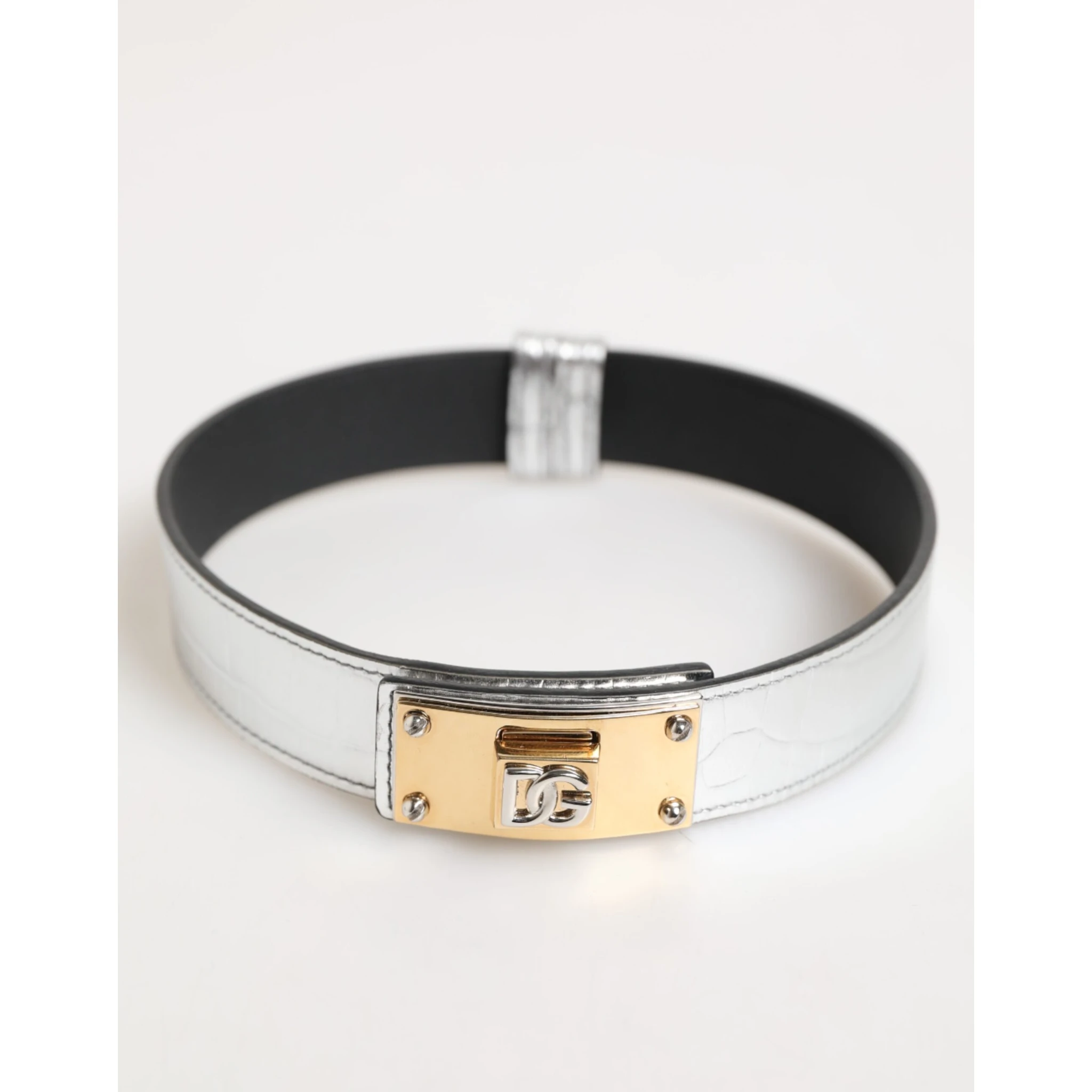 Silver Textured Leather Gold Tone Metal Neckband