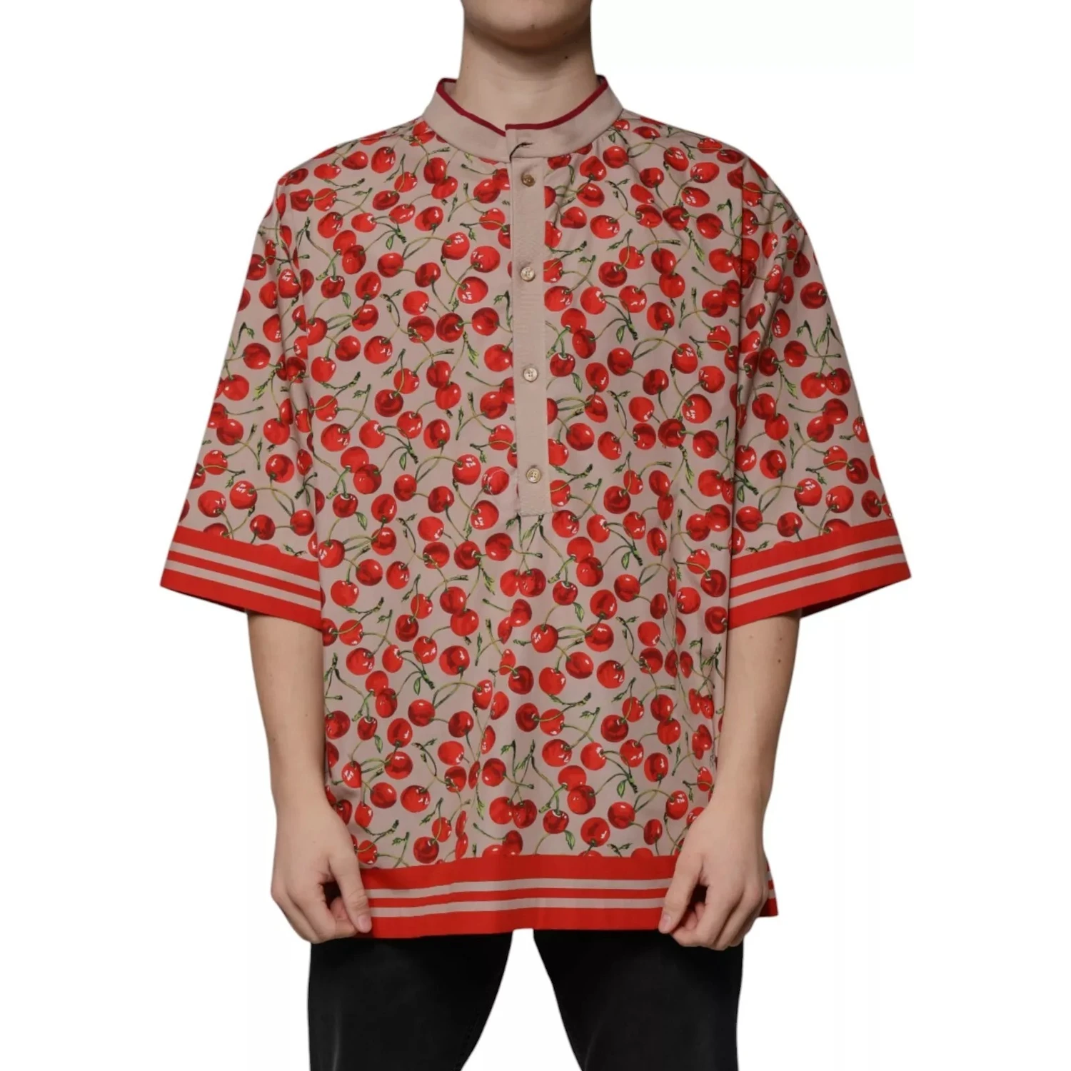 Beige Cherry Nylon Buttoned Casual Shirt