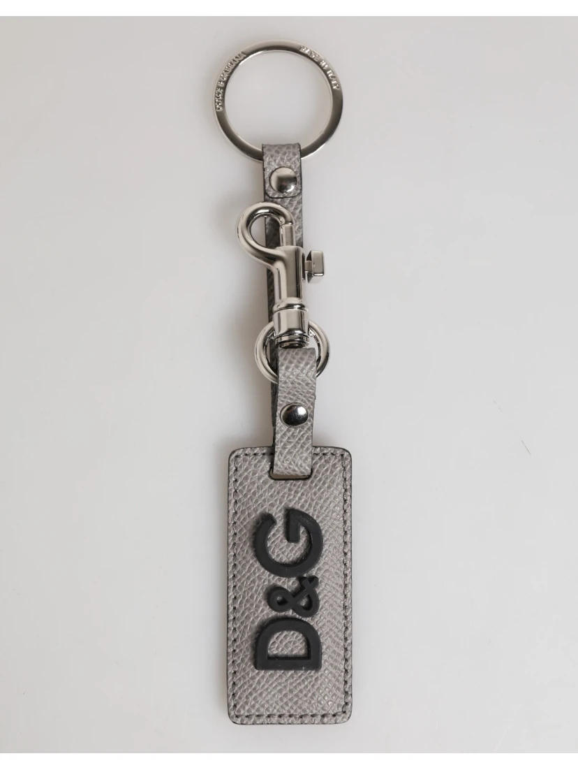 Gray Leather Logo Metal Ring Keychain Holder Men Keyring