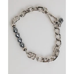 Silver Tone Chain Lobster Clasp Logo Gray Pearls Bracelet