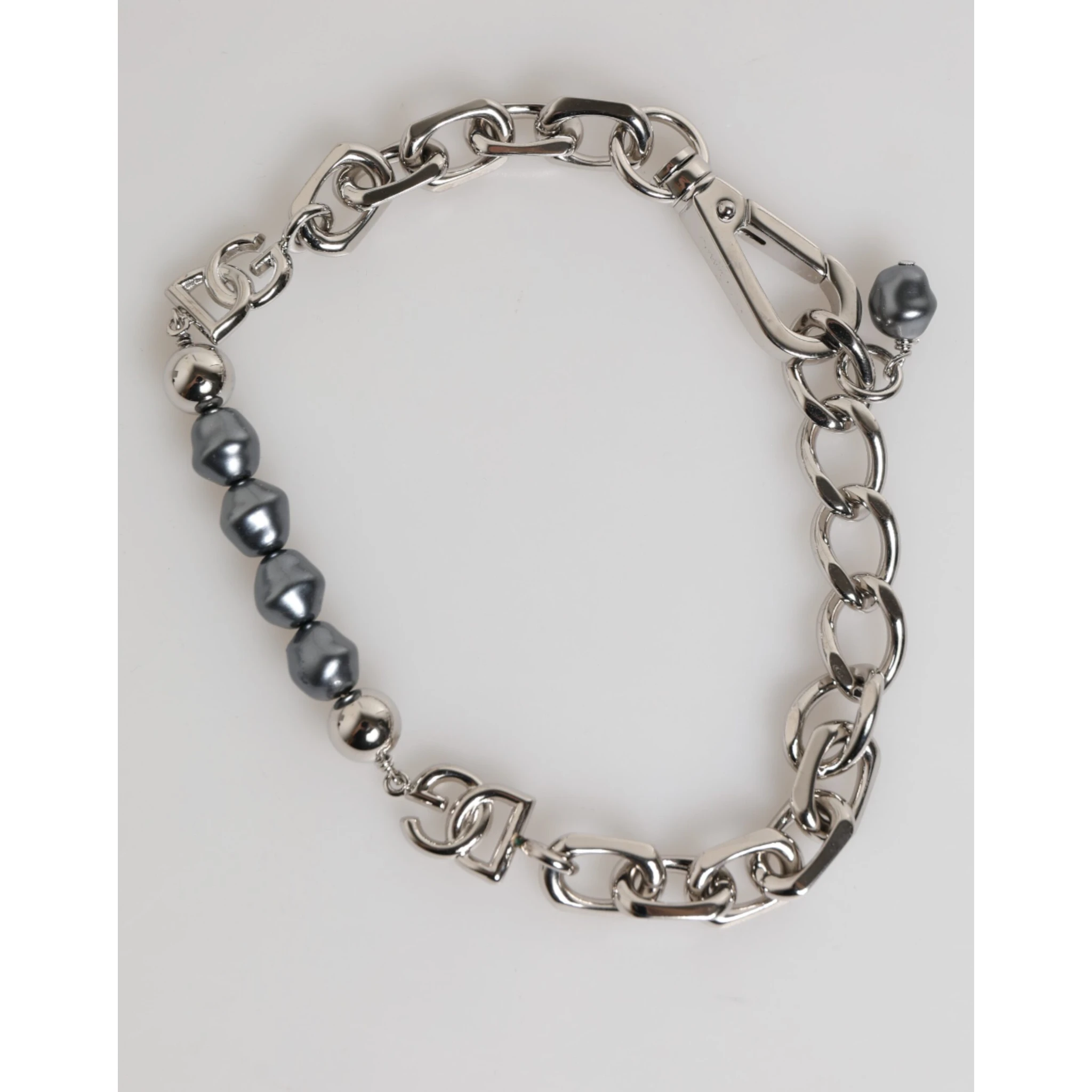 Silver Tone Chain Lobster Clasp Logo Gray Pearls Bracelet