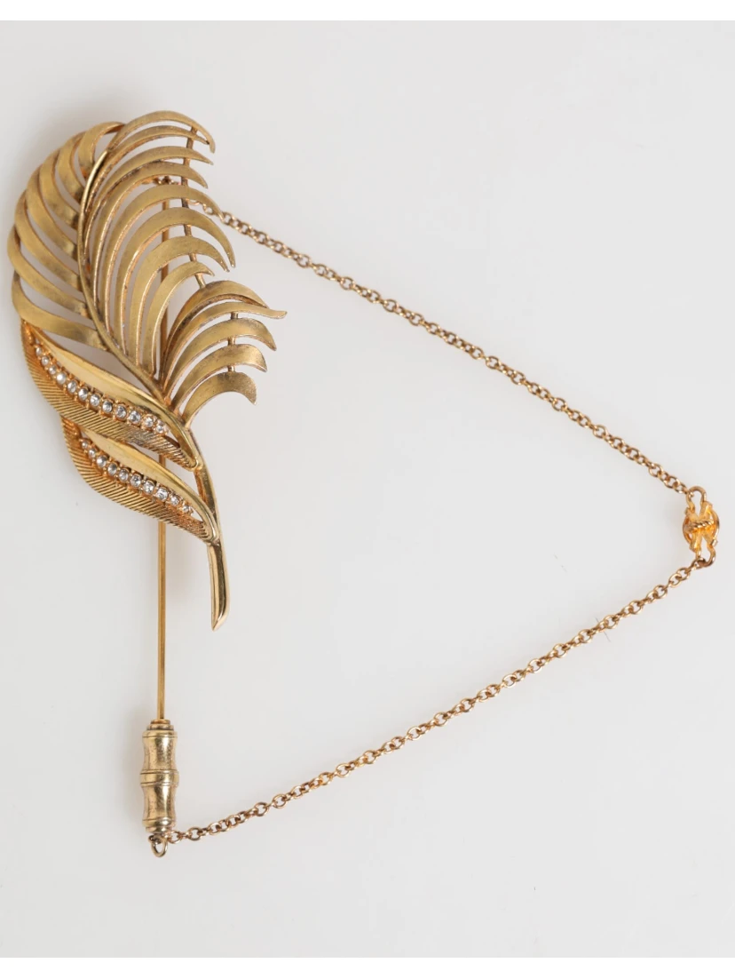 Gold Tone Leaf 925 Sterling Silver Crystal Chain Brooch