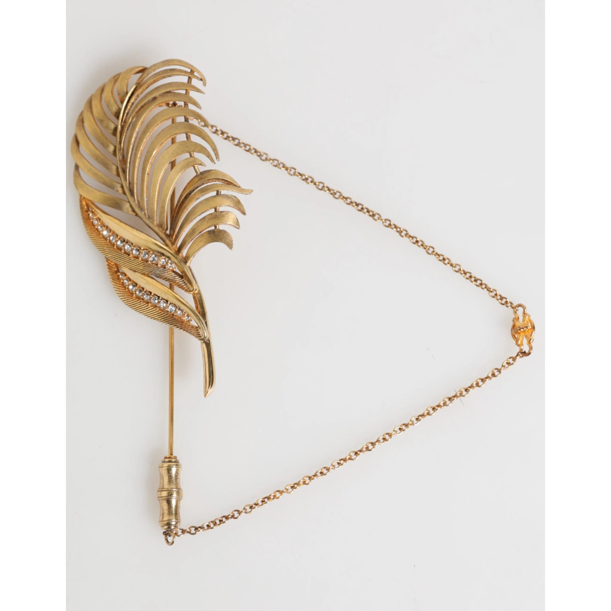 Gold Tone Leaf 925 Sterling Silver Crystal Chain Brooch