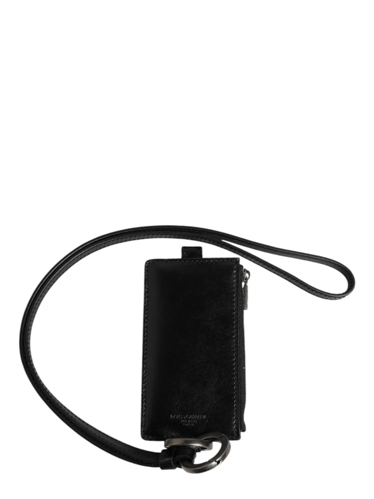 Black Leather Logo Embossed Lanyard Card Holder Wallet