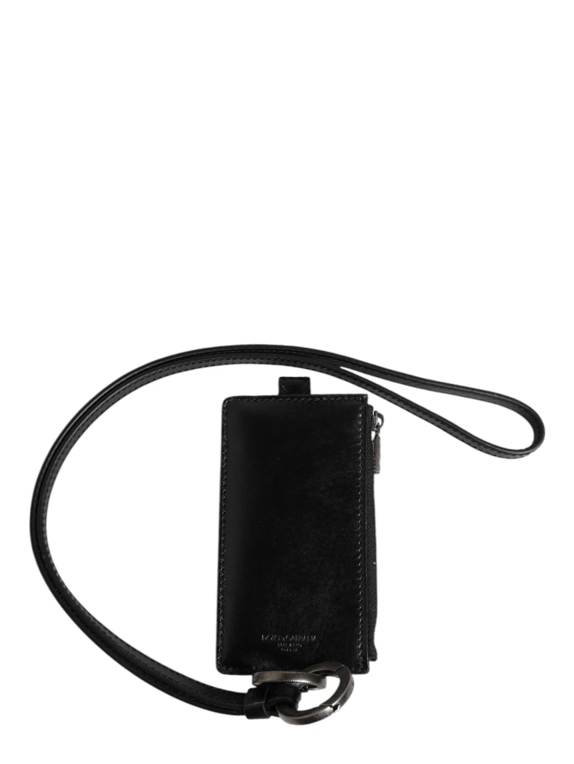 Black Leather Logo Embossed Lanyard Card Holder Wallet