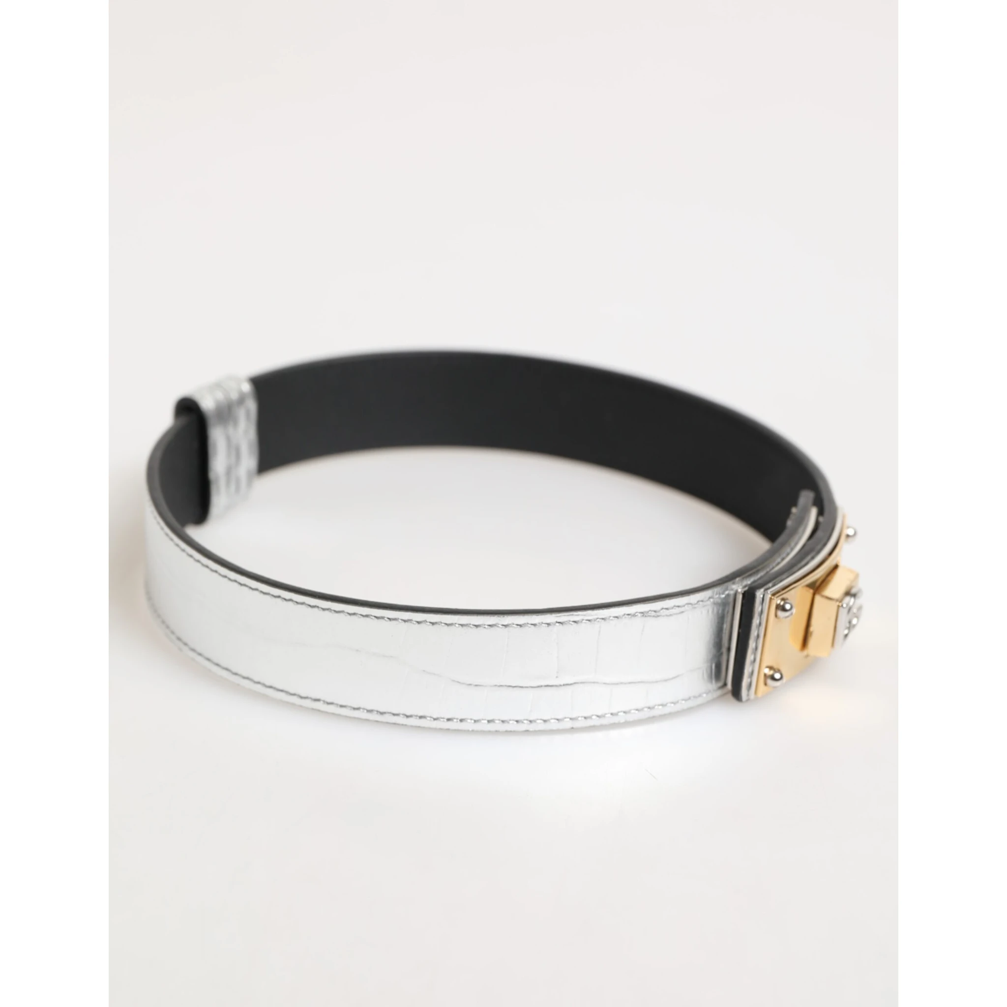 Silver Textured Leather Gold Tone Metal Neckband