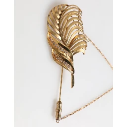 Gold Tone Leaf 925 Sterling Silver Crystal Chain Brooch