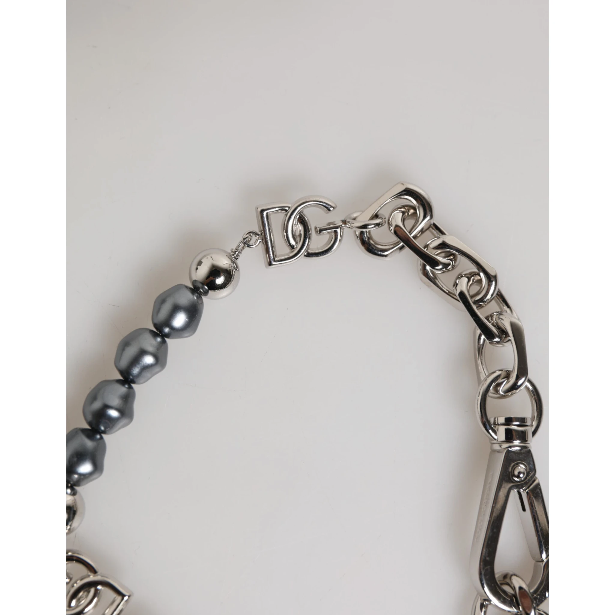 Silver Tone Chain Lobster Clasp Logo Gray Pearls Bracelet