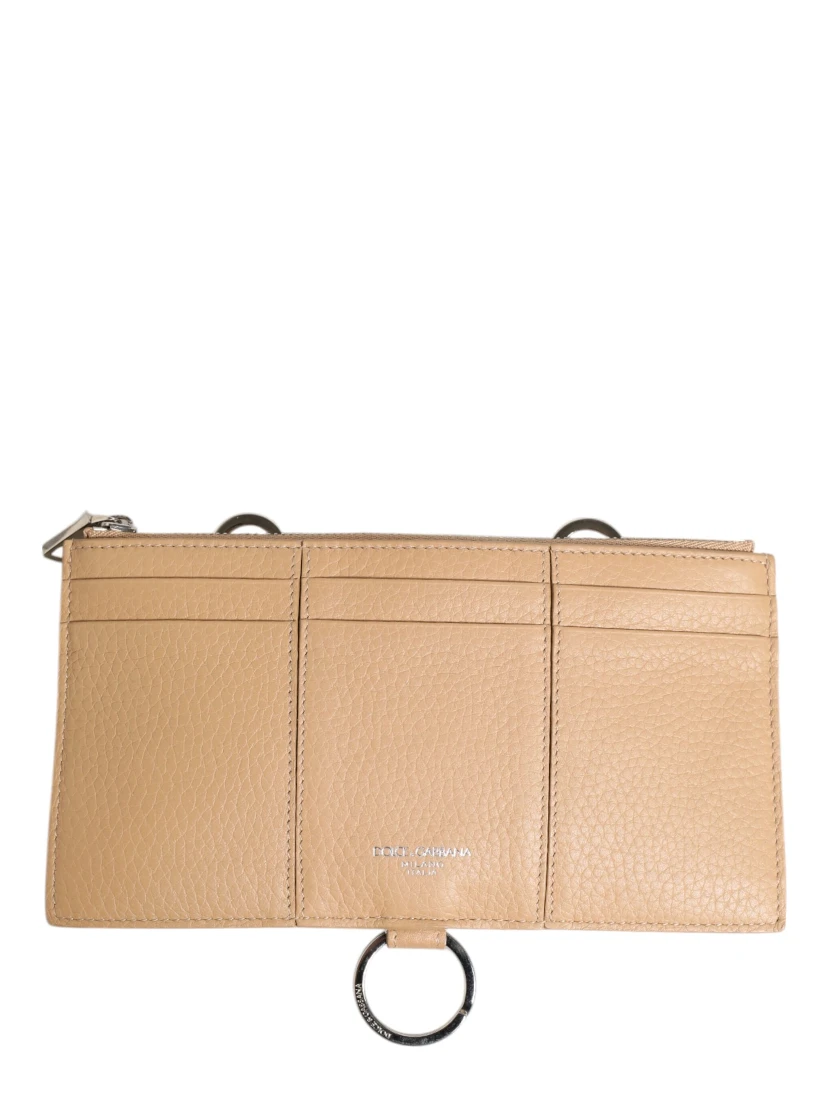 Beige Calfskin Leather Large Crossbody Card Holder Wallet
