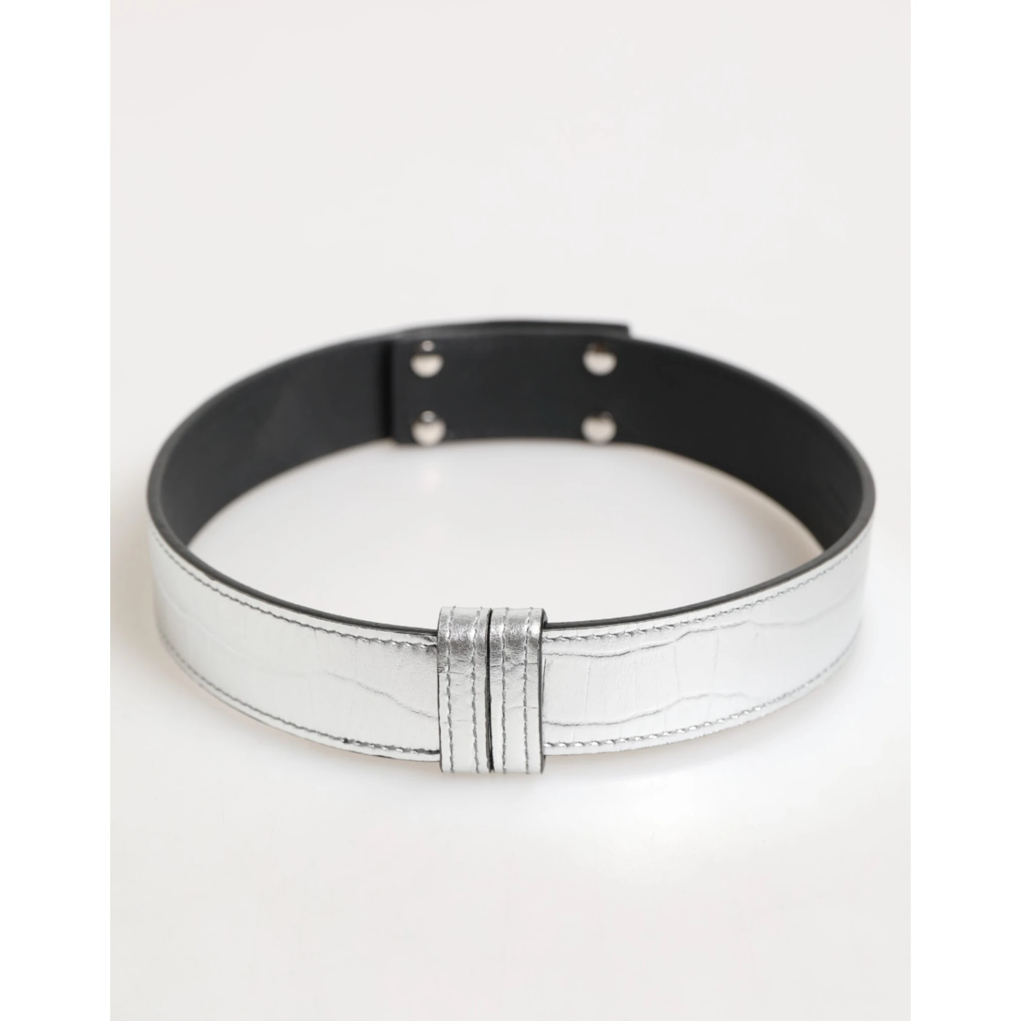 Silver Textured Leather Gold Tone Metal Neckband