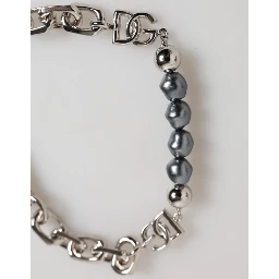Silver Tone Chain Lobster Clasp Logo Gray Pearls Bracelet