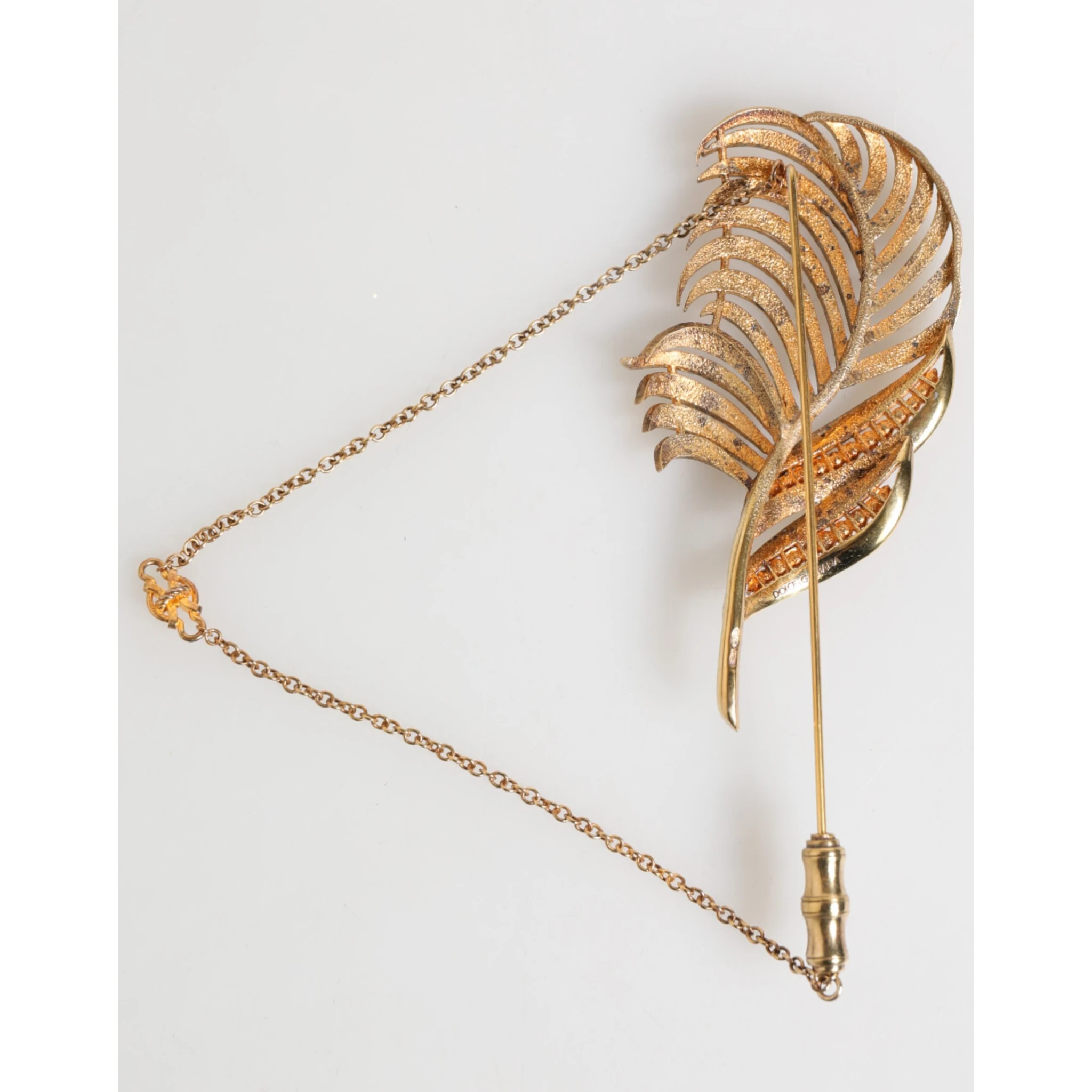 Gold Tone Leaf 925 Sterling Silver Crystal Chain Brooch