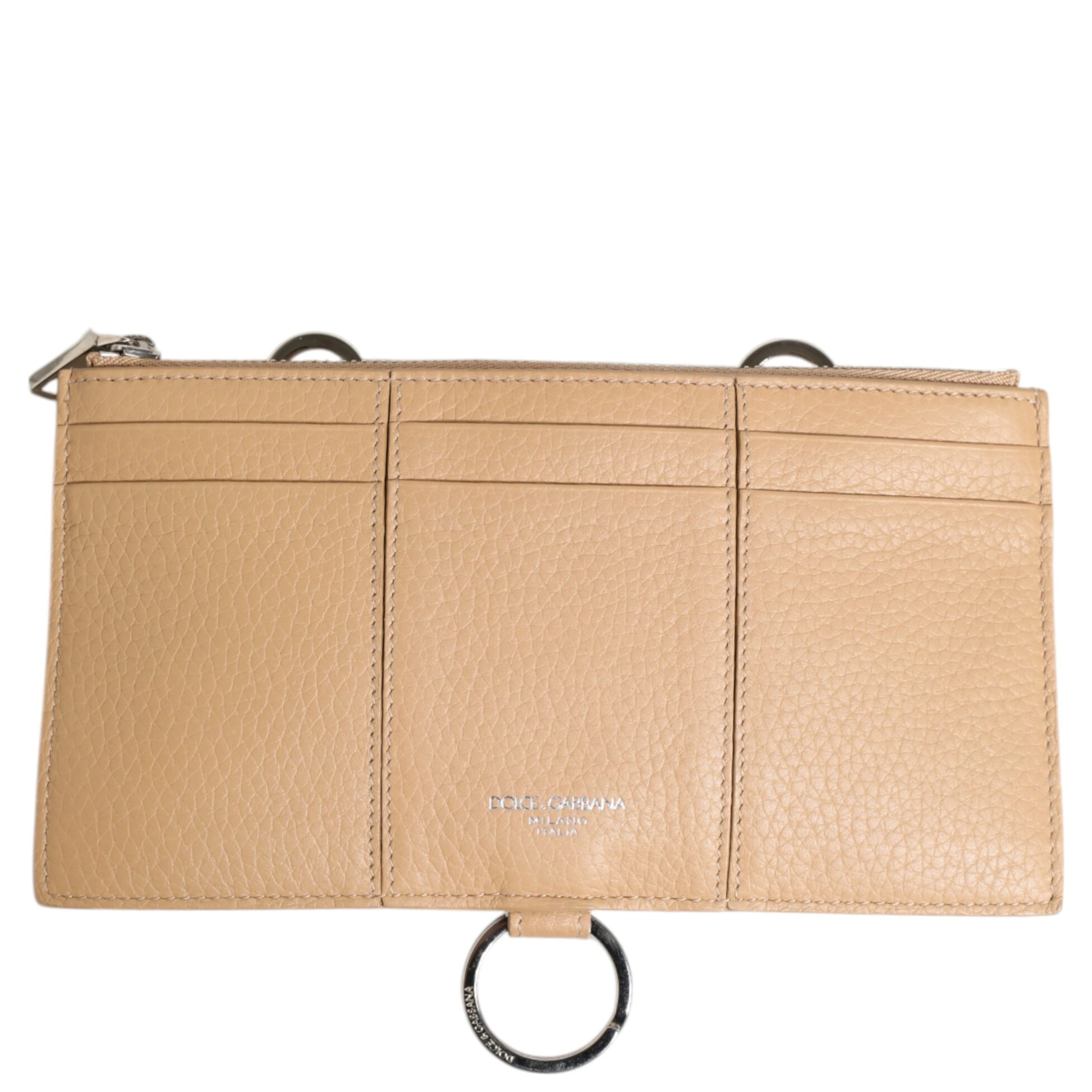 Beige Calfskin Leather Large Crossbody Card Holder Wallet
