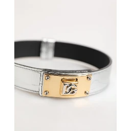 Silver Textured Leather Gold Tone Metal Neckband