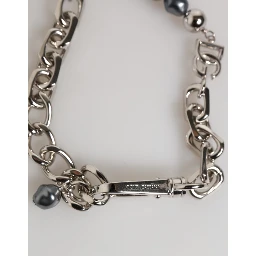 Silver Tone Chain Lobster Clasp Logo Gray Pearls Bracelet