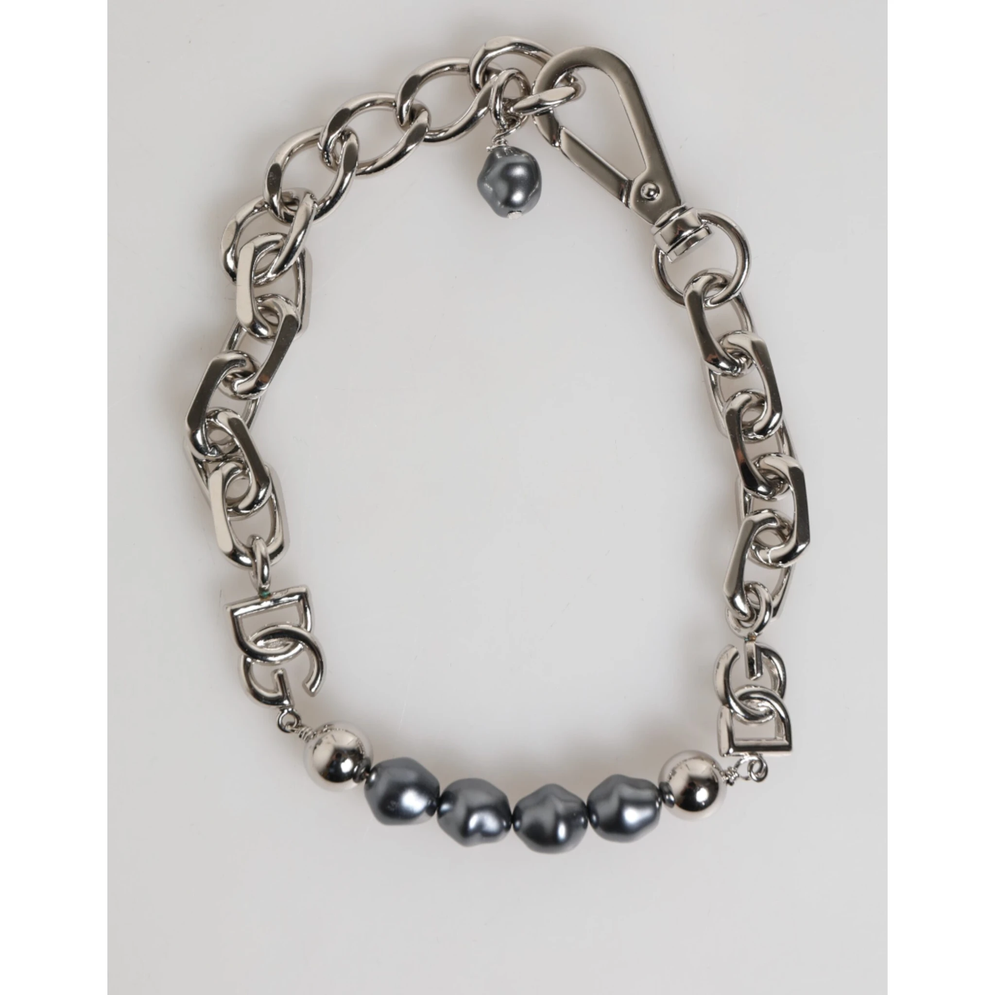Silver Tone Chain Lobster Clasp Logo Gray Pearls Bracelet