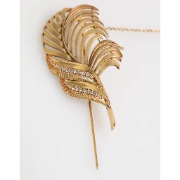 Gold Tone Leaf 925 Sterling Silver Crystal Chain Brooch